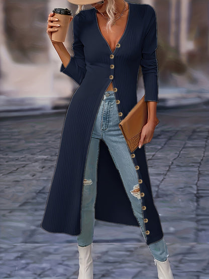 Long cardigan pour femme Col V Boutons Longueur genoux