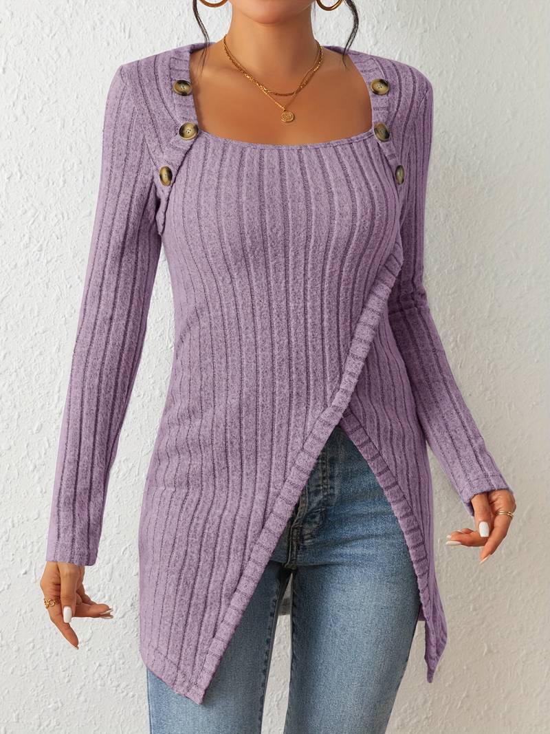 Pull-over Élégant Femme Col Carré Manches Longues