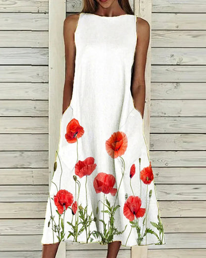Robe d'été femme motif floral col rond robe mi-longue