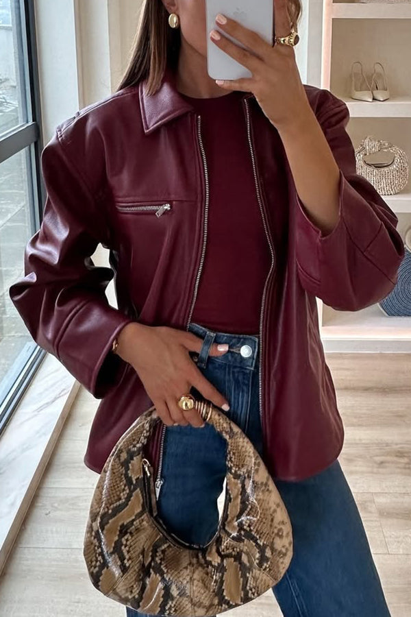 Veste en cuir élégante, manches longues, fermeture éclair