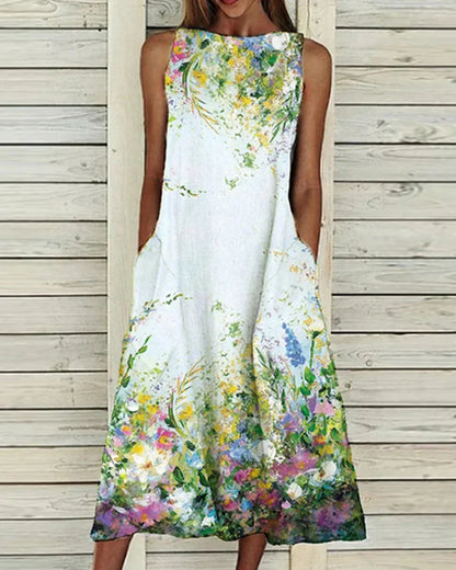 Robe d'été femme motif floral col rond robe mi-longue