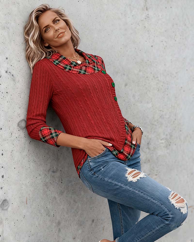 Karo Langarm Top Patchwork Frauen - IdealeKleiden