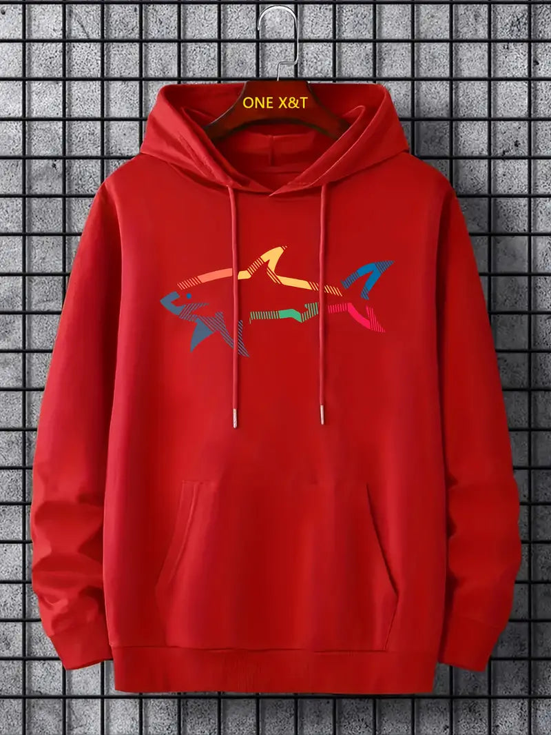 Pull homme décontracté motif requin capuche