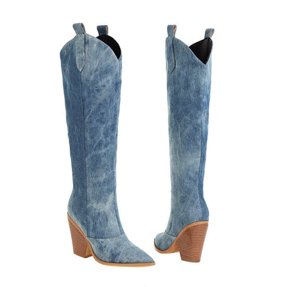 Bottes hautes bout pointu effet tube denim