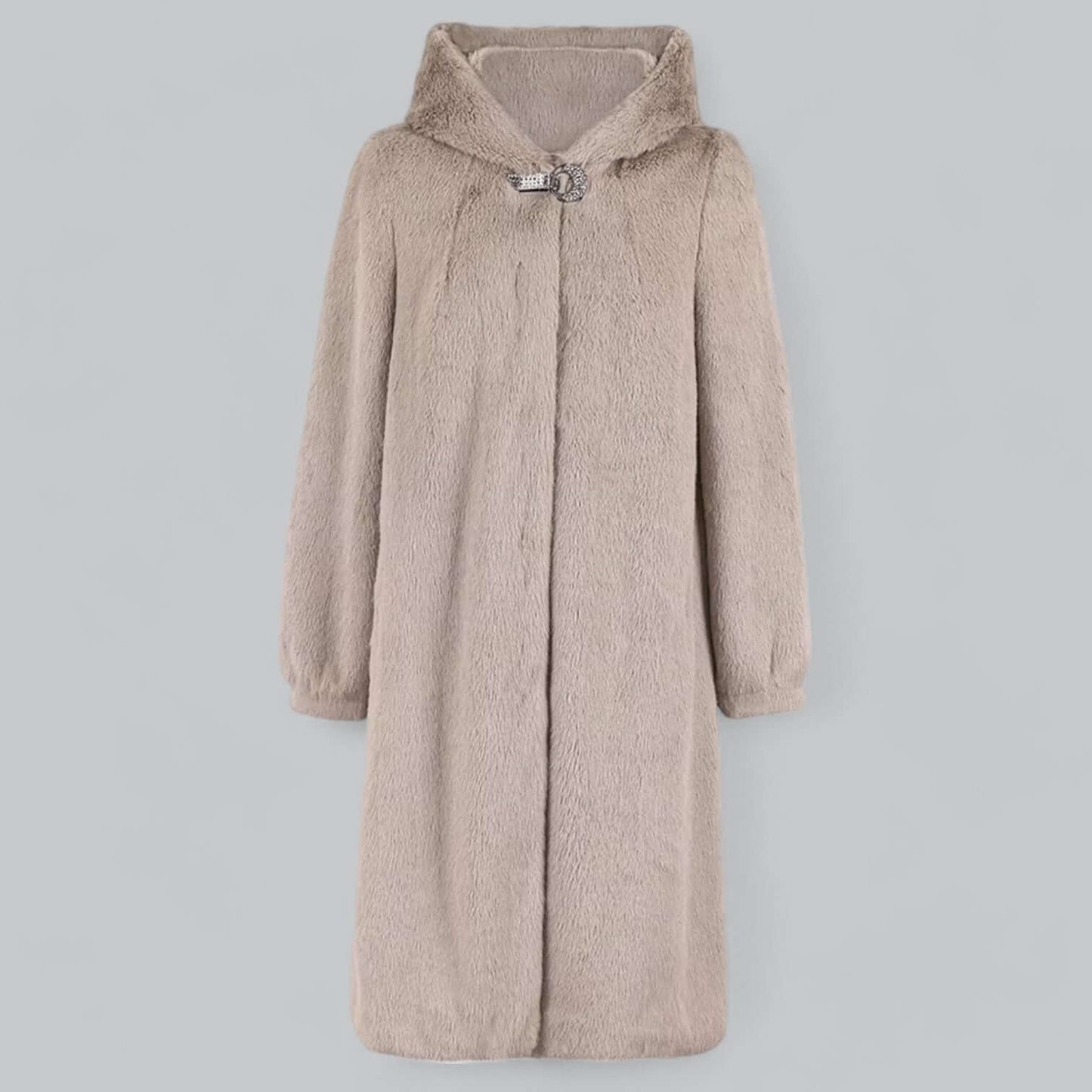 Manteau élégant en fausse fourrure longueur genou avec capuche