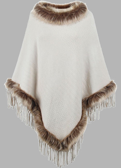 Poncho long élégant pour femme avec col en fausse fourrure
