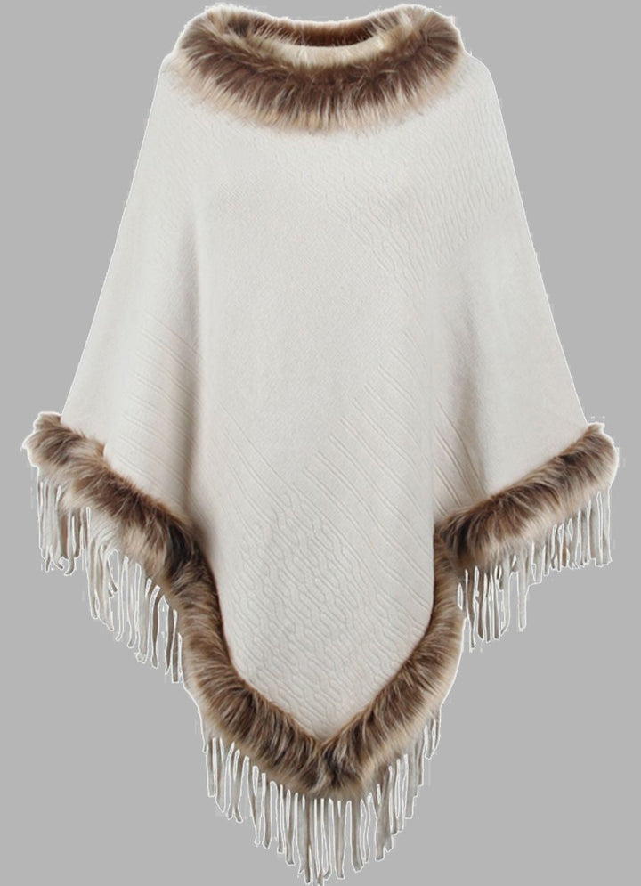 Poncho long élégant pour femme avec col en fausse fourrure