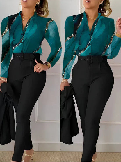 Haut de femme col en V avec pantalon taille haute