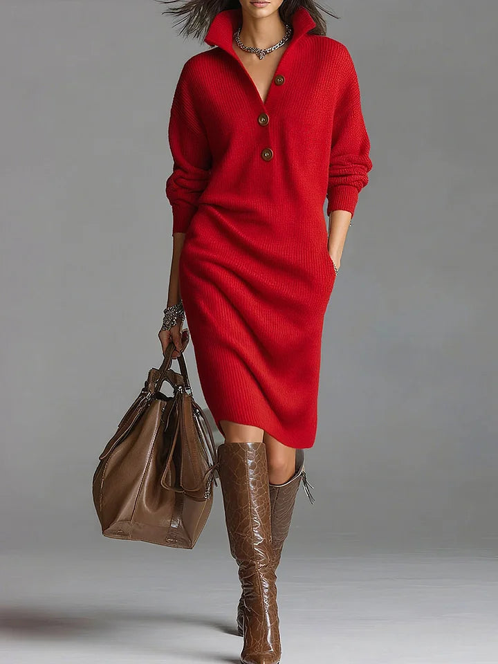Robe midi élégante pour femmes, boutonnée, col en V
