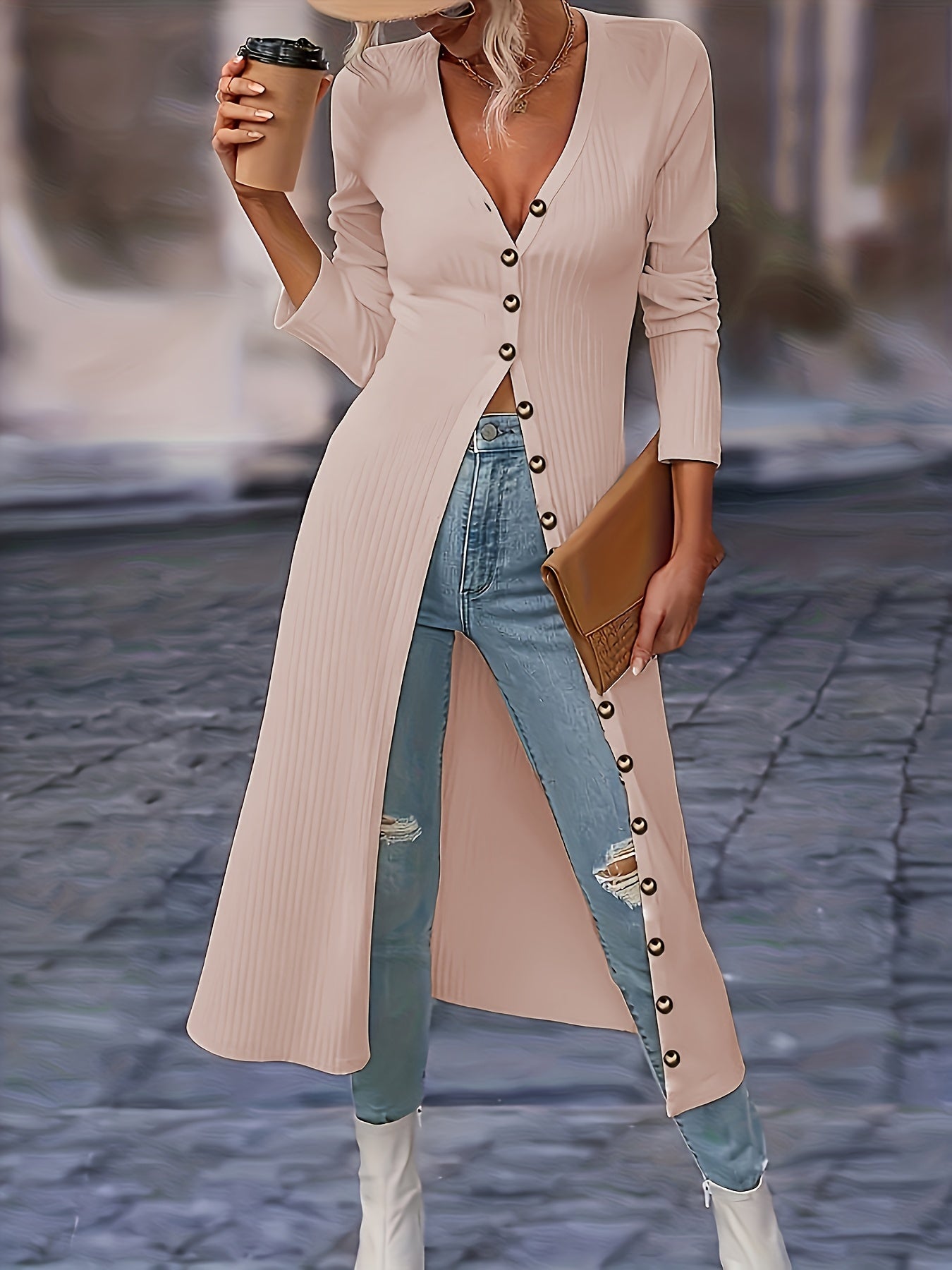 Long cardigan pour femme Col V Boutons Longueur genoux