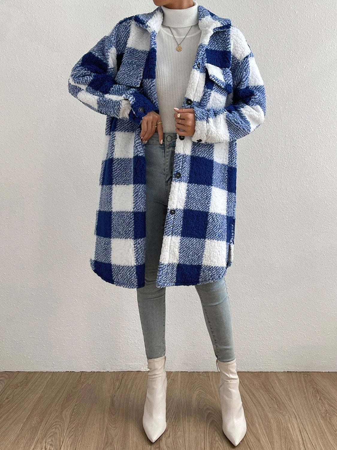 Veste à carreaux pour femme Col en peluche Fermeture boutonnée