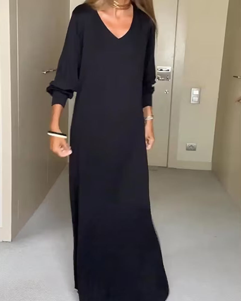 Einfaches V-Ausschnitt Kleid Damen - IdealeKleiden