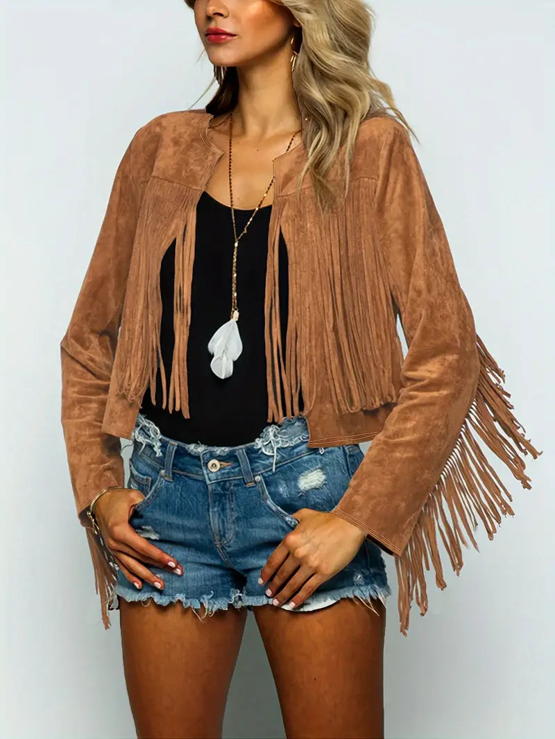 Blouson en cuir pour femme ouvert à franges effet daim