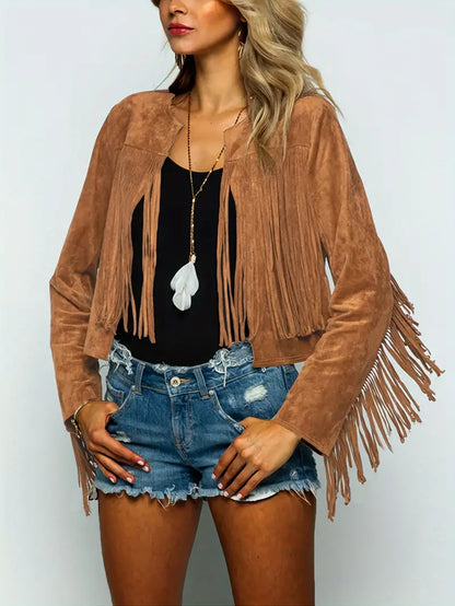 Blouson en cuir pour femme ouvert à franges effet daim