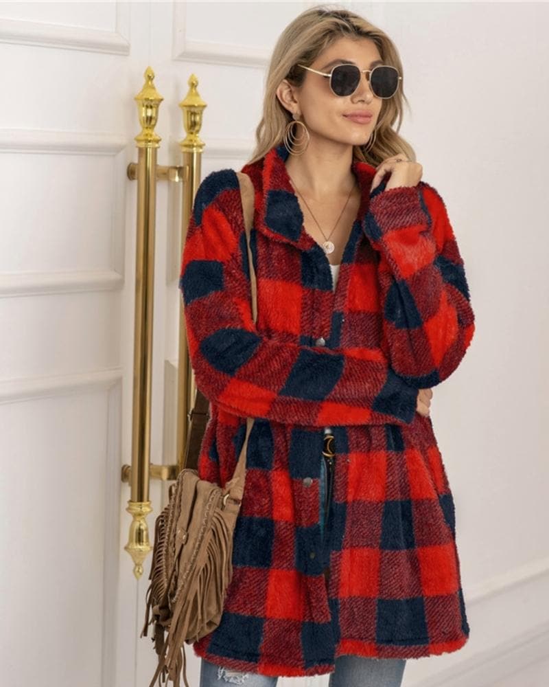 Manteau à carreaux pour femme, doux, chaud, ample