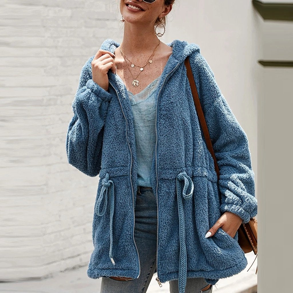 Veste teddy douce oversize avec capuche et poches