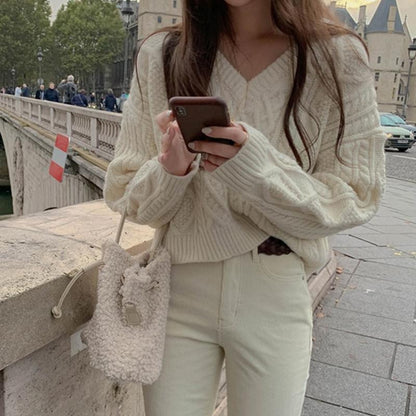 Pull en tricot femme col en V décontracté manches longues
