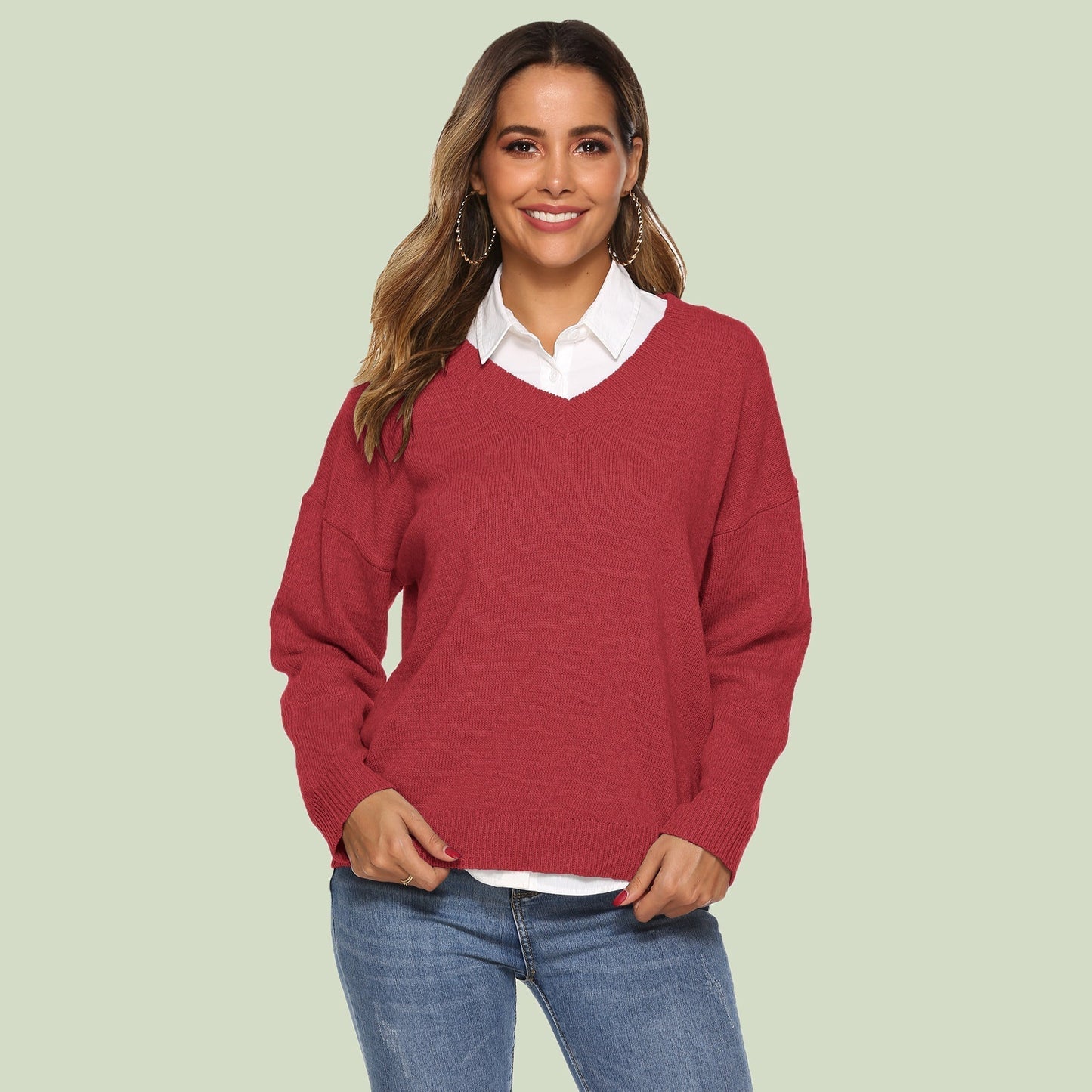 Pull en tricot femme col en V confortable manches longues