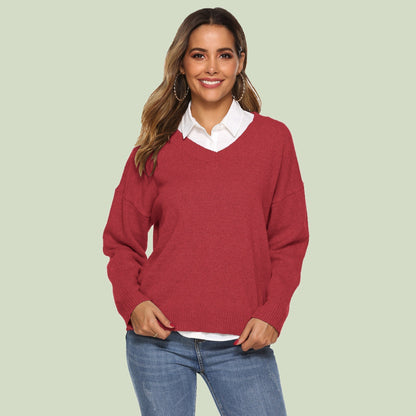 Pull en tricot femme col en V confortable manches longues