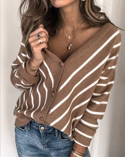 Cardigan mode maille col V boutons rayé manches longues