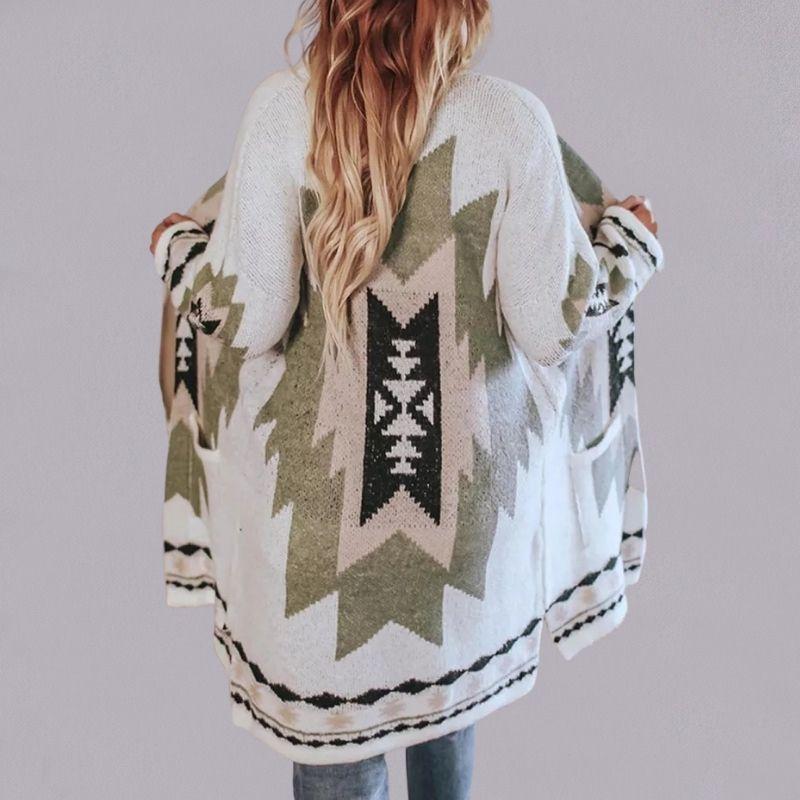 Langer Strickcardigan Großzügig Geometrisch Bequem - IdealeKleiden
