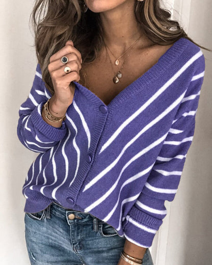 Cardigan mode maille col V boutons rayé manches longues