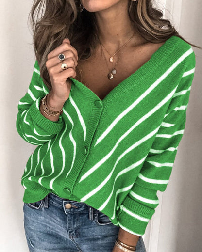 Cardigan mode maille col V boutons rayé manches longues