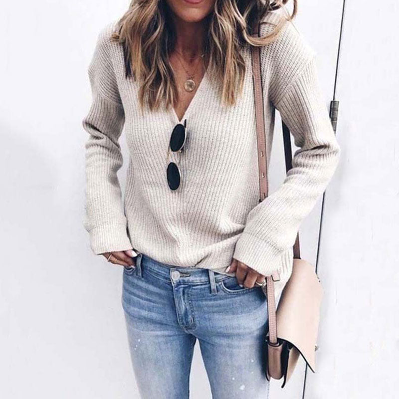 Pull en maille pour femme doux, en côtes, col en V, coupe ample