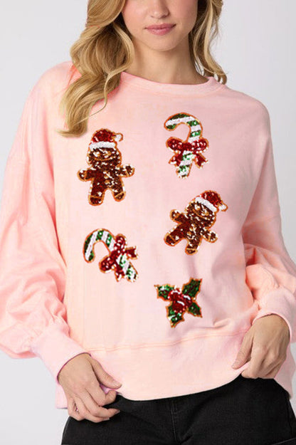 Sweat-shirt de Noël Bonhomme en pain d'épices Paillettes Décontracté Manches longues