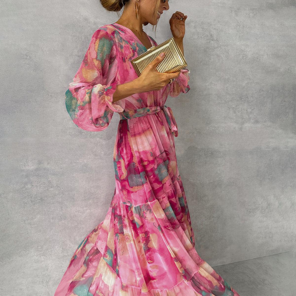Robe longue femme motif floral élégante plissée
