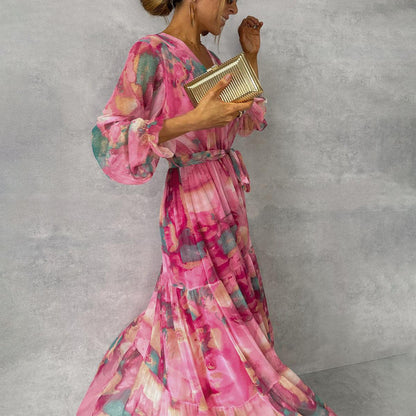 Robe longue femme motif floral élégante plissée