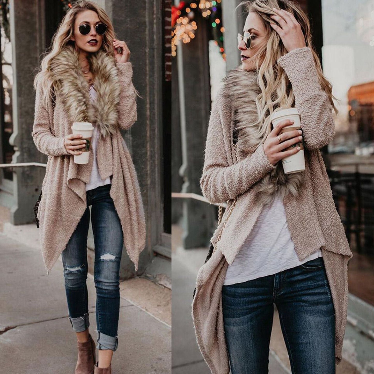 Cardigan en maille pour femme, col en fausse fourrure de luxe, asymétrique, élégant