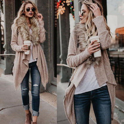 Cardigan en maille pour femme, col en fausse fourrure de luxe, asymétrique, élégant