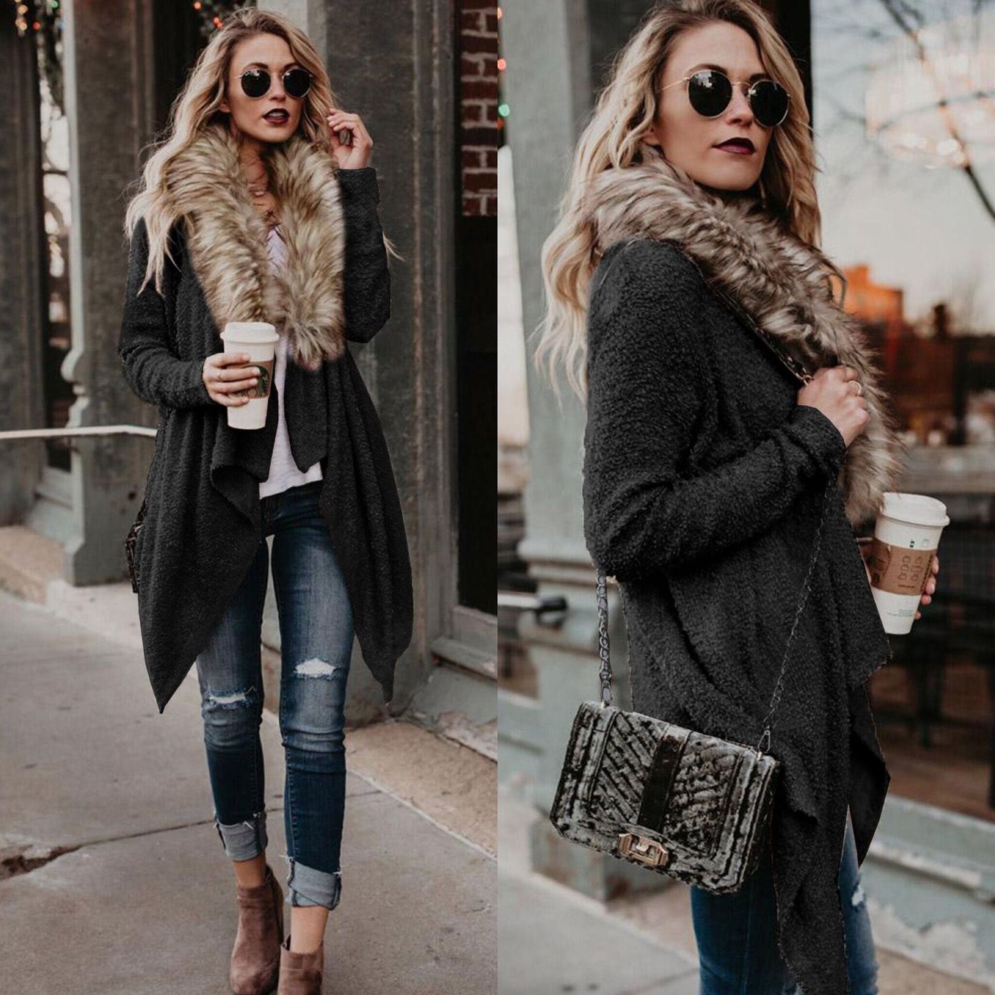Cardigan en maille pour femme, col en fausse fourrure de luxe, asymétrique, élégant