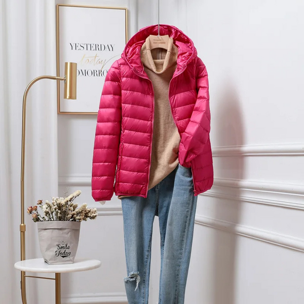 Doudoune légère femme avec capuche et fermeture éclair, veste de sport