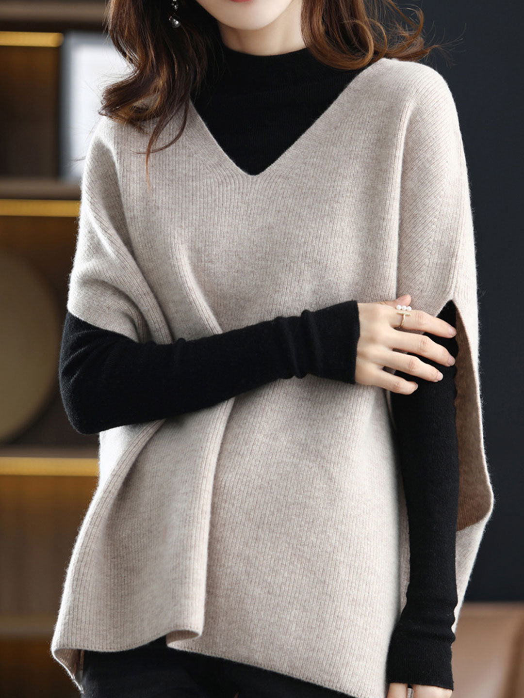 Damen Strickpullover V-Ausschnitt Einfarbig - IdealeKleiden