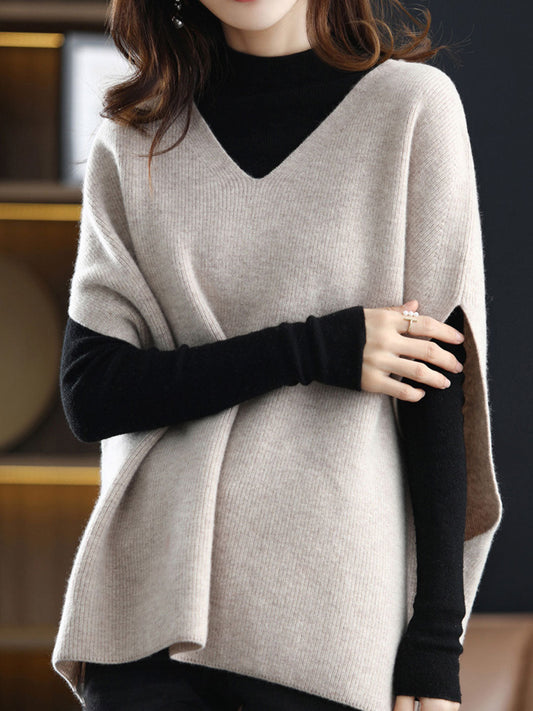 Damen Strickpullover V-Ausschnitt Einfarbig - IdealeKleiden