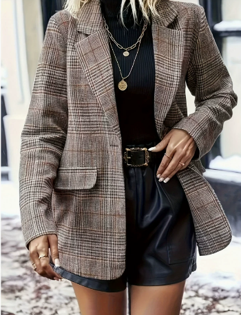 Élégant blazer long à carreaux pour femme