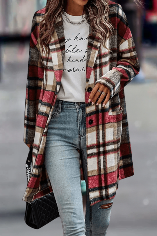 Manteau en laine ample pour femme, infroissable, à motif carreaux