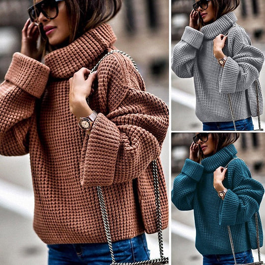 Damen Pullover Grobstrick Übergröße Hoher Kragen - IdealeKleiden