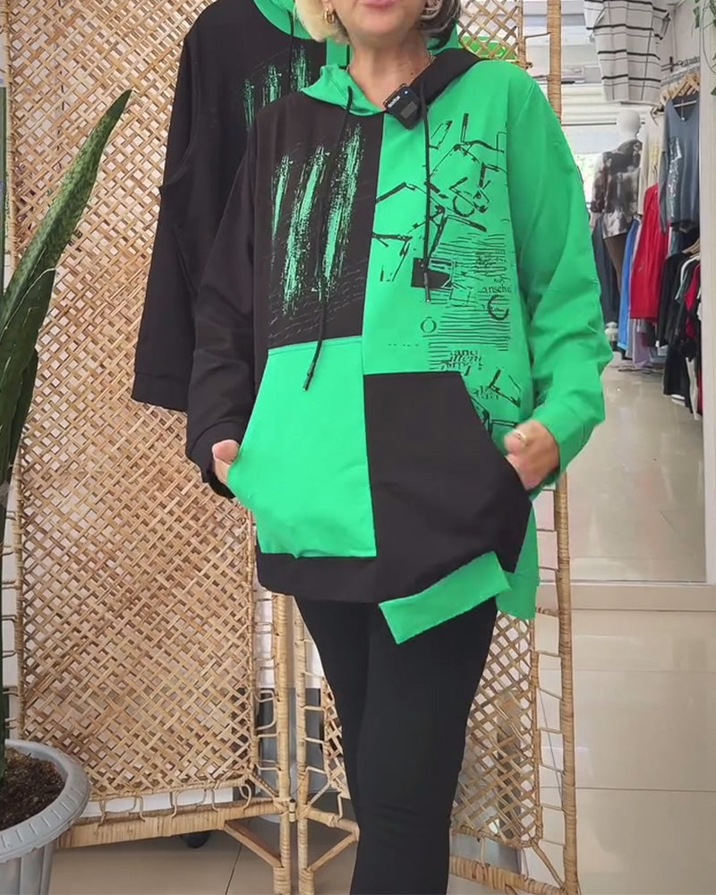 Sweat-shirt à capuche imprimé color block tendance