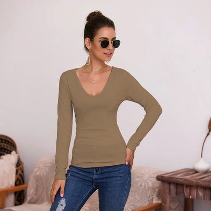 Haut femme manches longues col en V élégant coupe ajustée