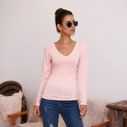 Haut femme manches longues col en V élégant coupe ajustée
