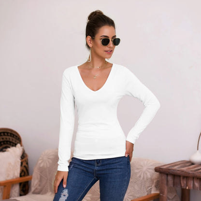 Haut femme manches longues col en V élégant coupe ajustée