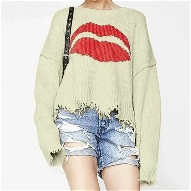 Übergrößes Sweatshirt mit Lippen-Motiv und Fransen - IdealeKleiden