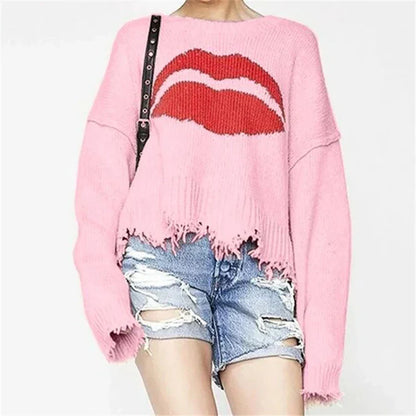 Sweat-shirt oversize à motif lèvres et franges