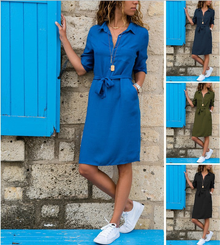 Damen Hemdkleid Elegantes Design mit Gürtel und Taschen - IdealeKleiden
