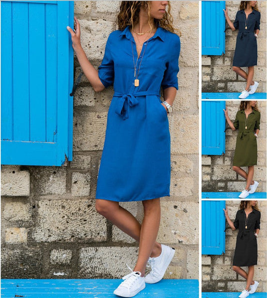 Damen Hemdkleid Elegantes Design mit Gürtel und Taschen - IdealeKleiden