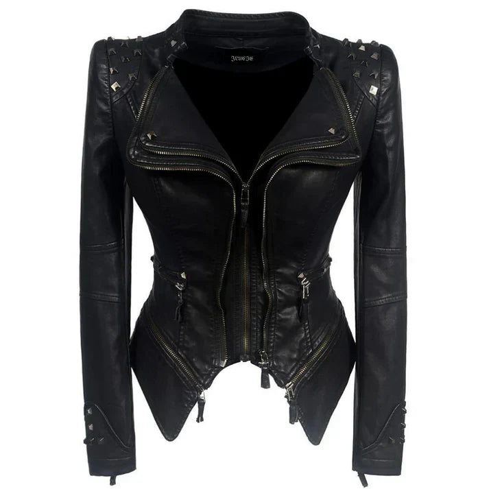 Lederjacke Biker Stil Schwarz - IdealeKleiden