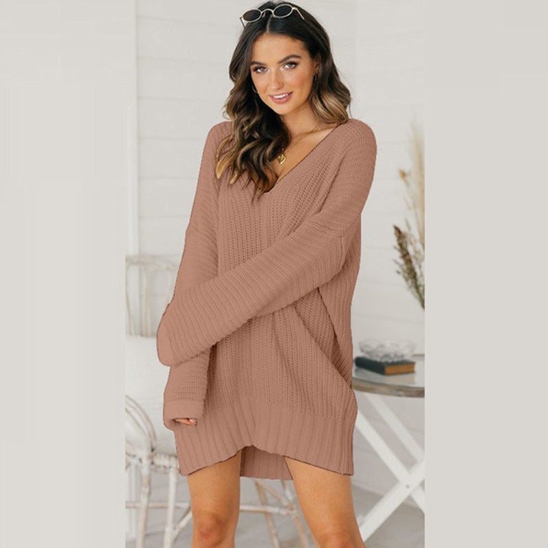 Robe pull femme en grosse maille Col V Décontracté chic